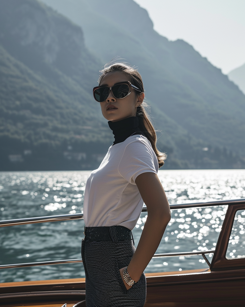 Stylish woman on boat in Lake Como