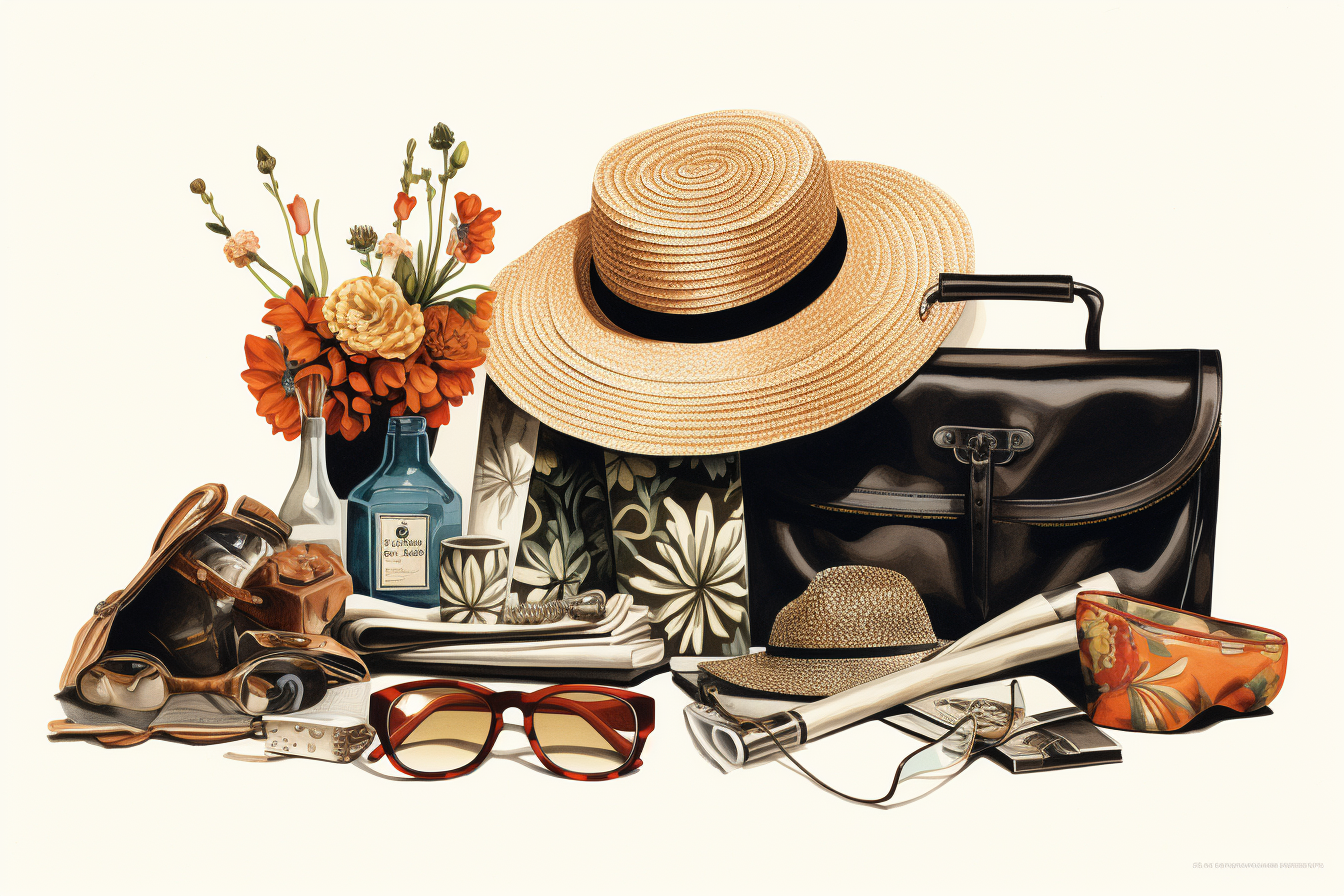 Fashion accessories illustration with hats, sunglasses, handbags, and shoes