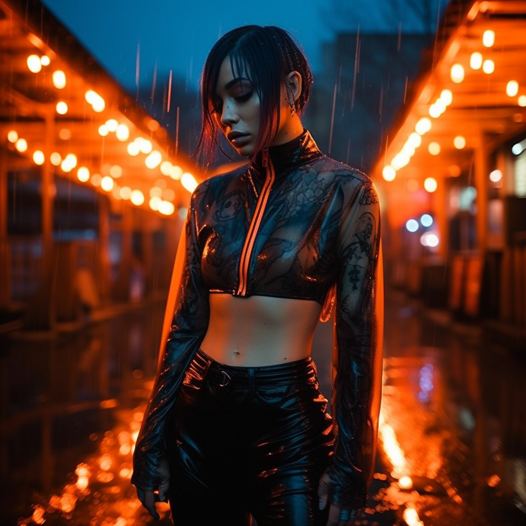 Stylish fashion with tattoos in cyberpunk aesthetic