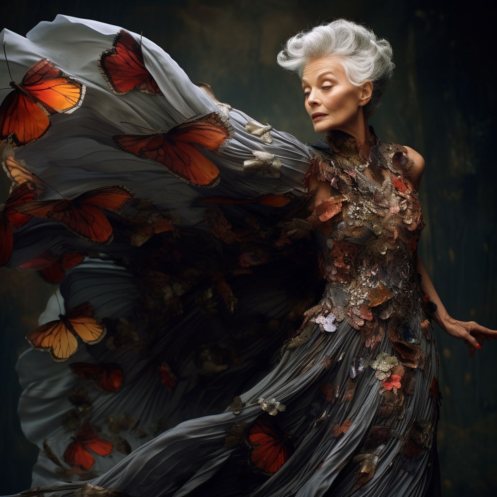 Fashion editorial of a stunning 60-year-old woman dancing