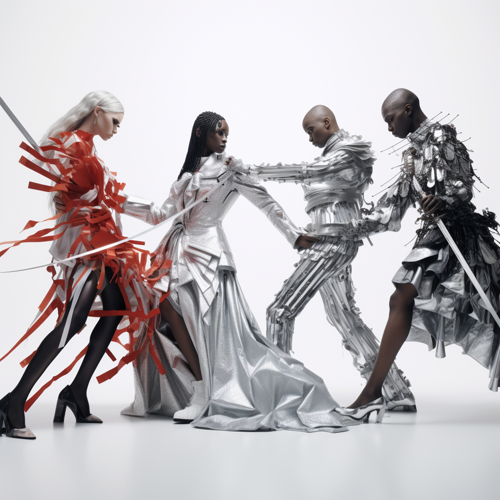 Fashion editorial with bending models and silver skin