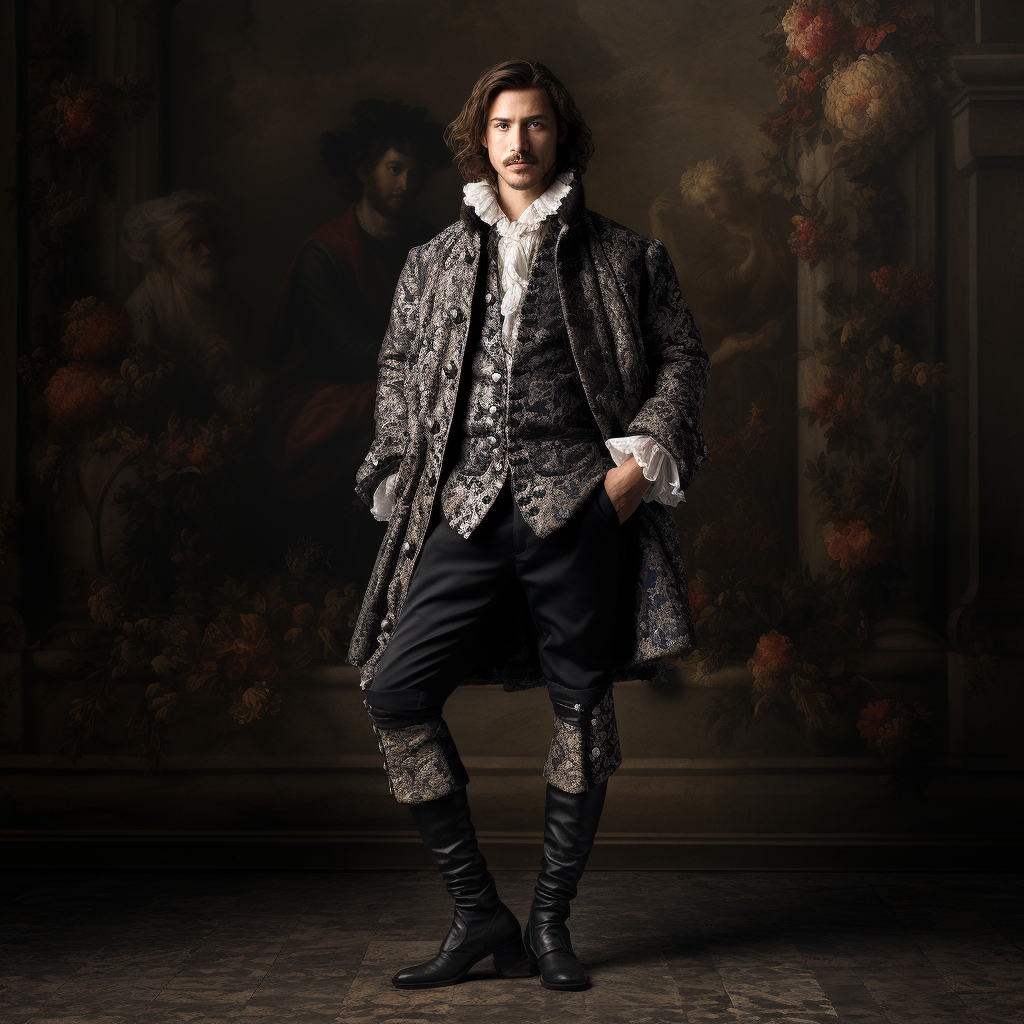 Confident 1500s Fashion Man with Mythical Creatures Background