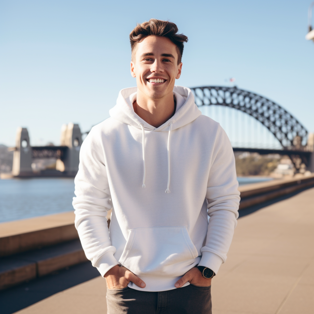 Smartly dressed man wearing blank white hoodie