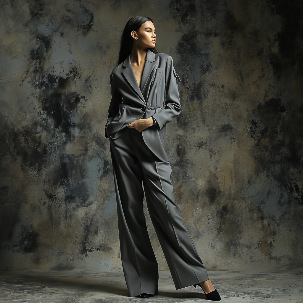 Fashion model in gray asymmetric suit