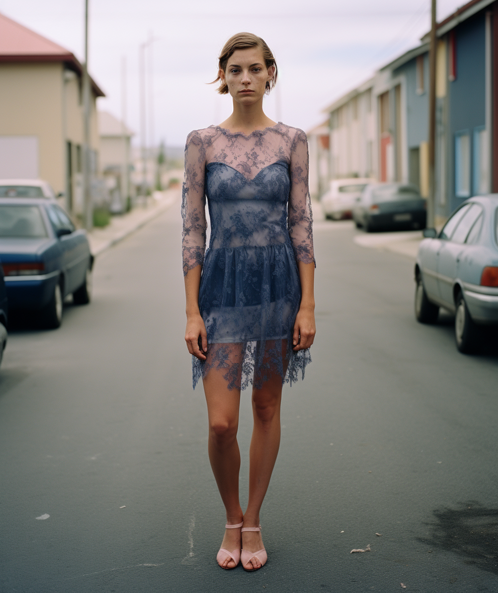 Woman in Navy Blue Lace Dress and Pink Heeled Sandals