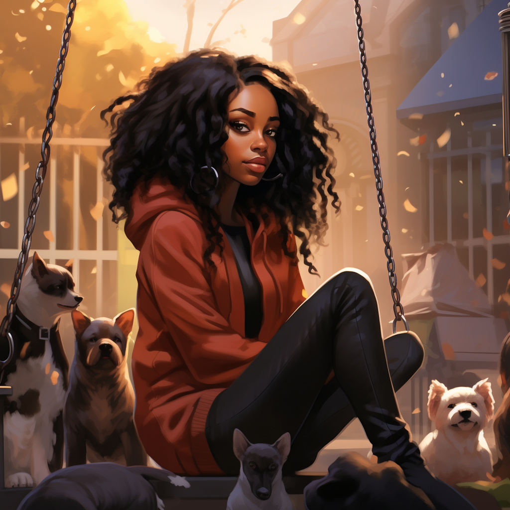 Fashionable black woman observing playful dogs