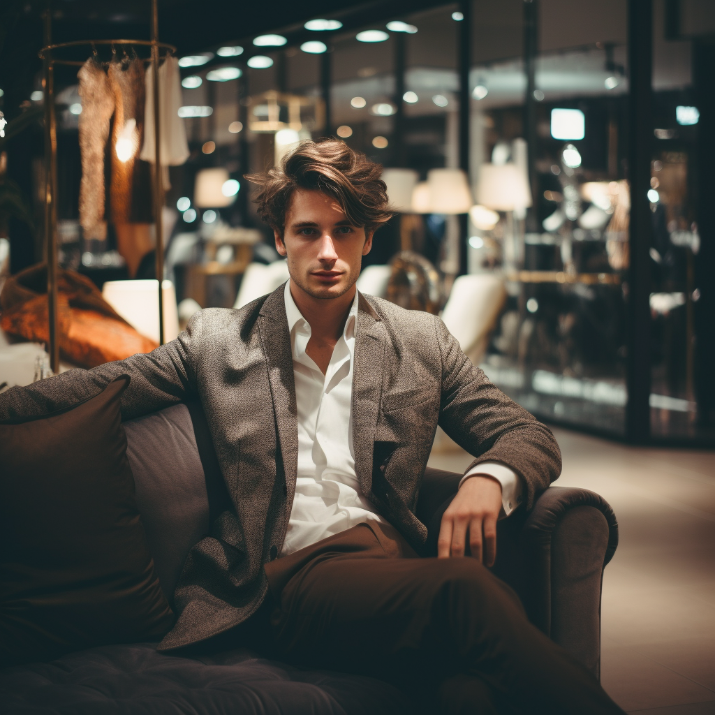 Young fashionable man at luxury furniture store  ?