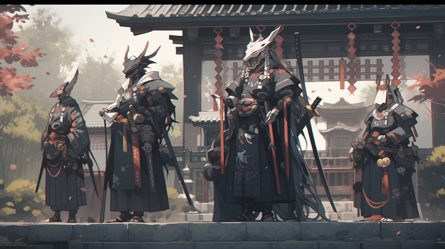 Fashionized samurai crew at a temple entrance