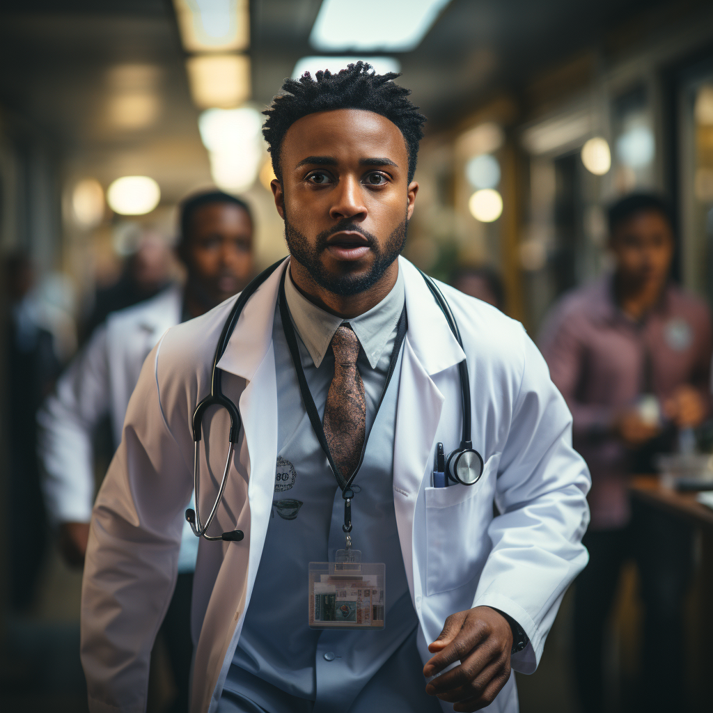 Fast Black Doctor Running in Empty Hospital Corridor