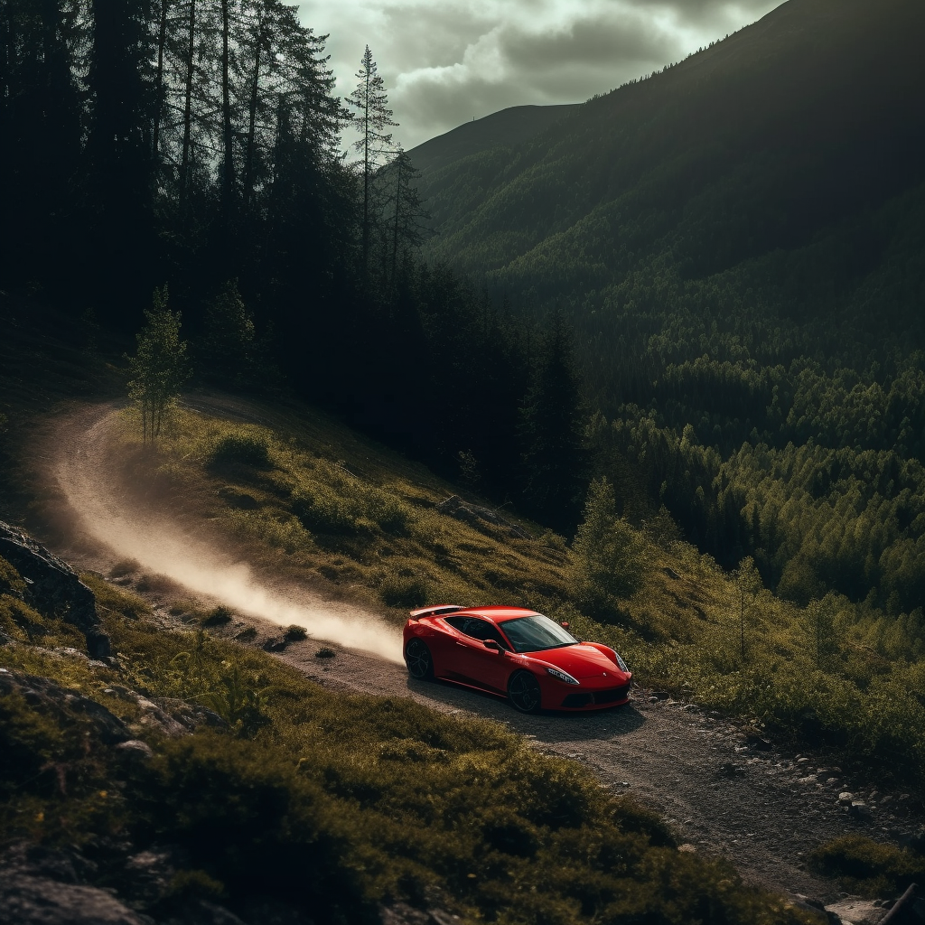 Fast car racing through stunning mountain scenery