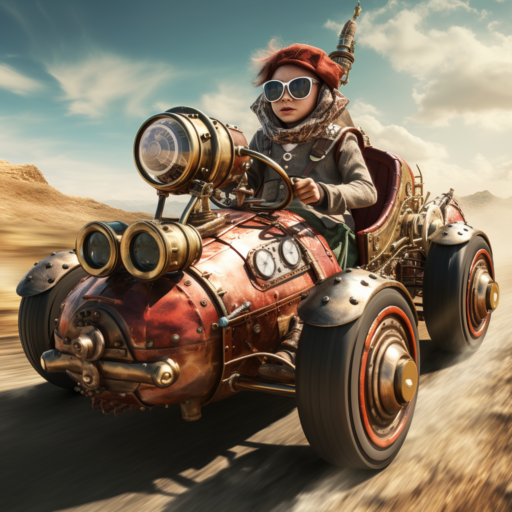 Vintage steampunk race car piloted by a child