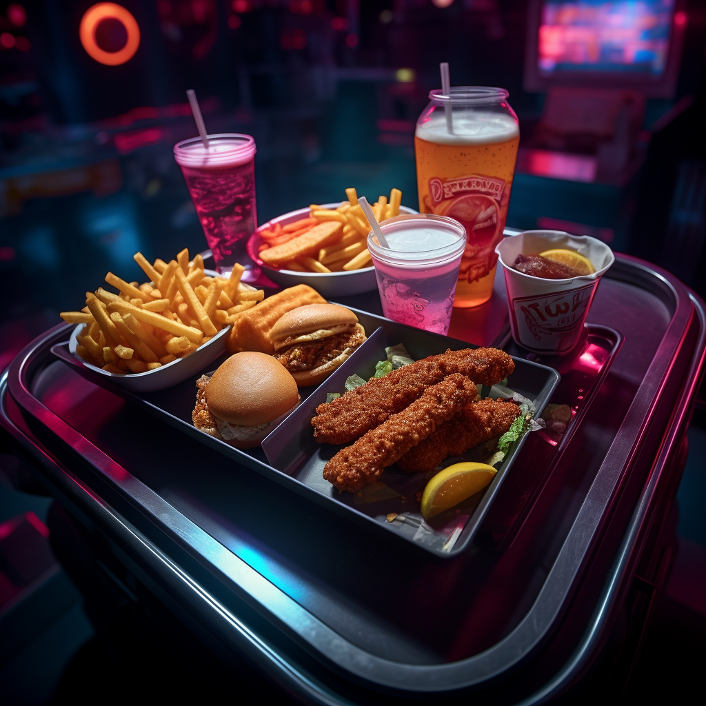 Delicious fast food tray with tenders, french fries, and a drink