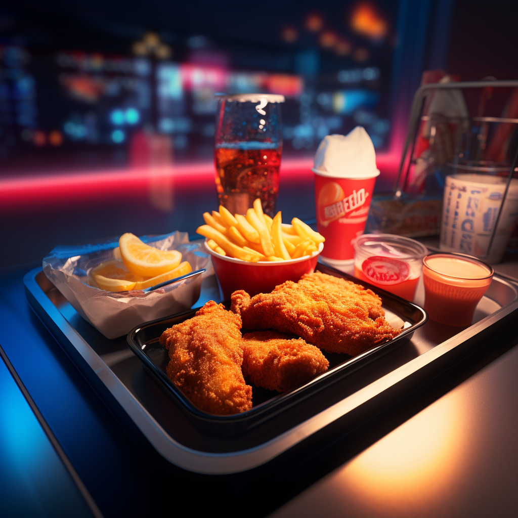 Tempting fast food tray with neon lighting