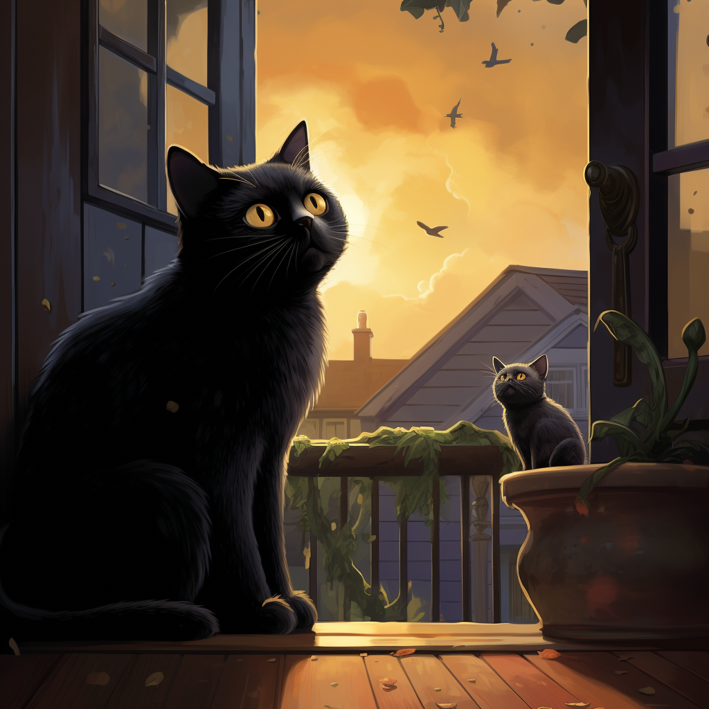 Illustration of Fat Black Cat Peering Out Window