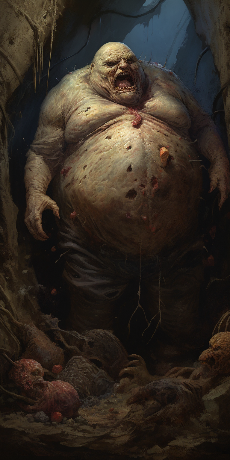 Fantasy art painting of a fat bloated zombie exploding