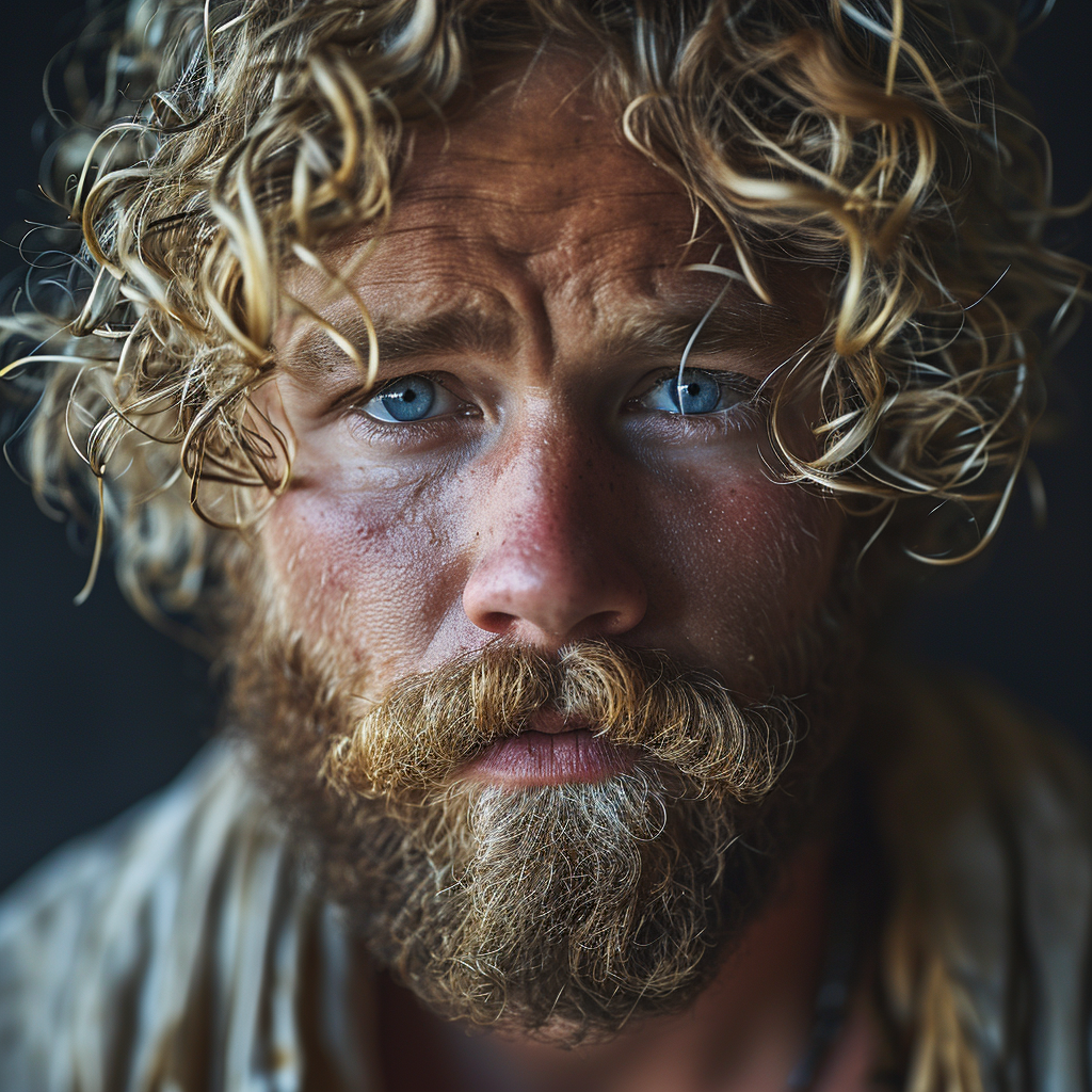 Strong man with blonde curly hair taking steroids