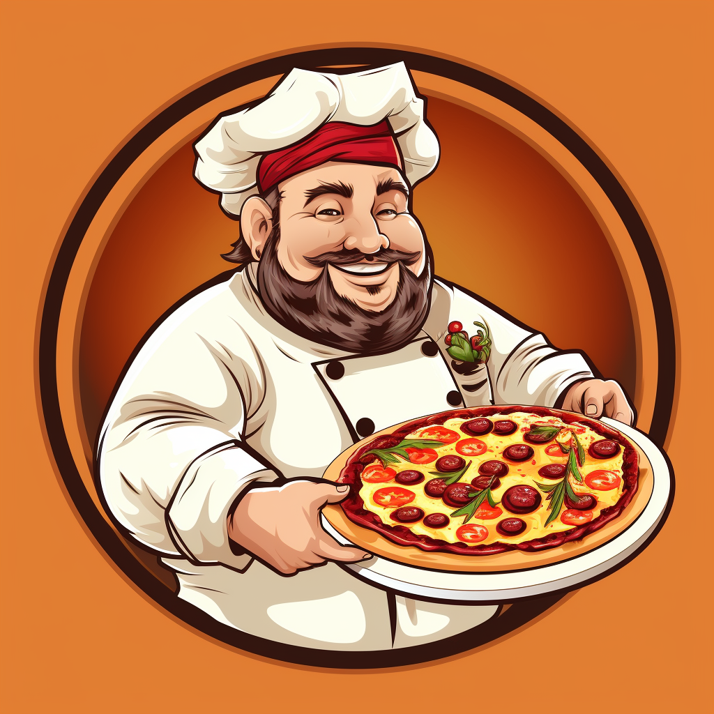 Fat chef holding pizza cartoon