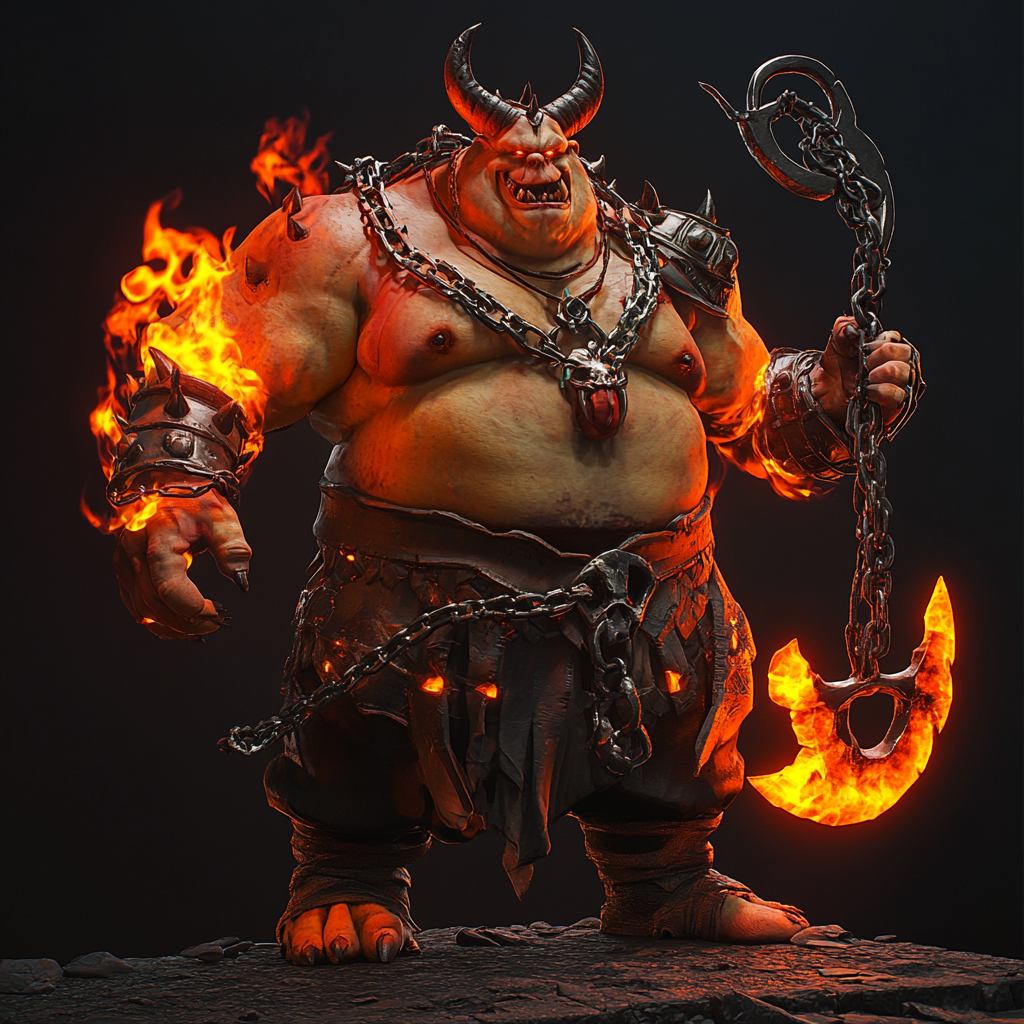 Fat demon on fire with cleaver