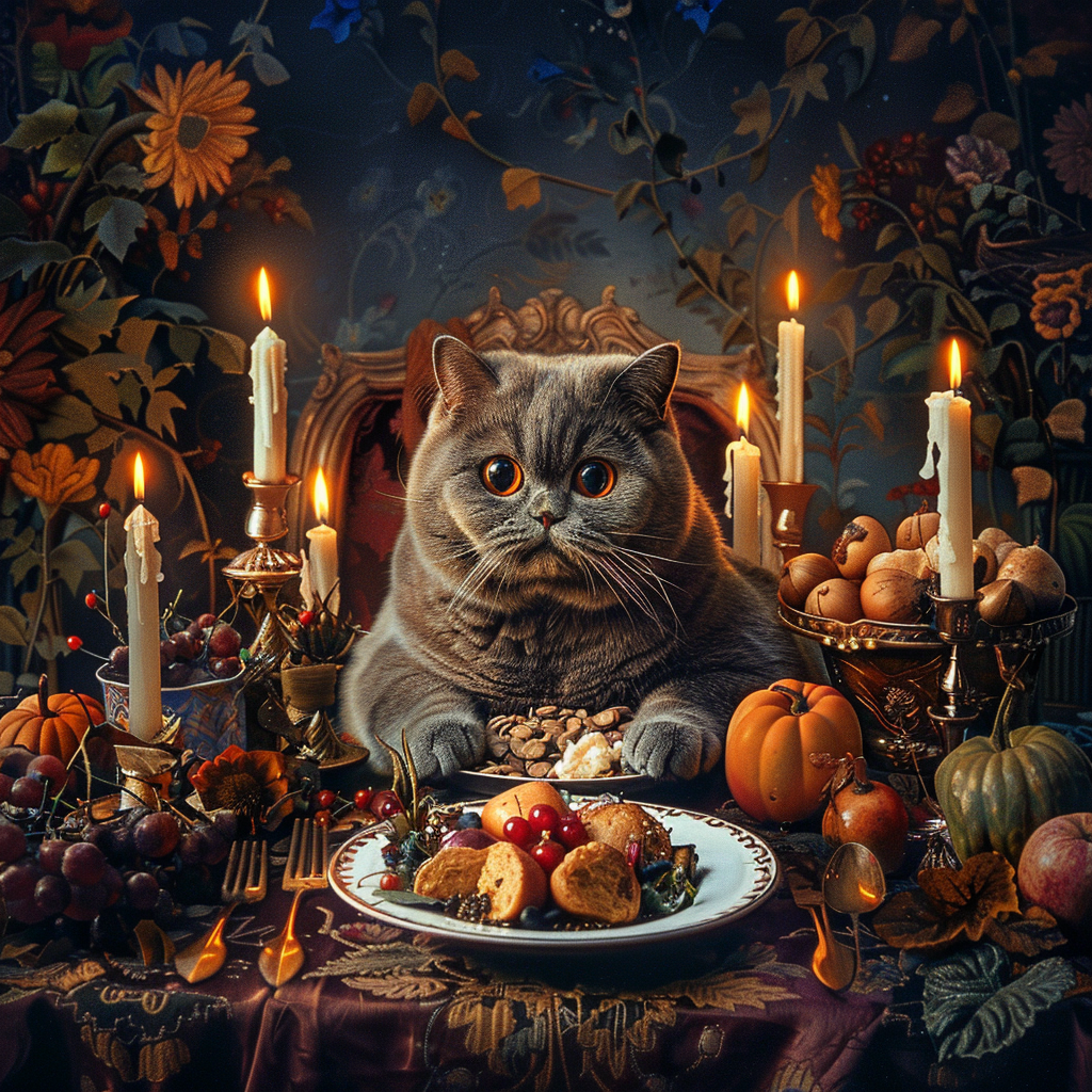 fat gray British shorthair cat feast