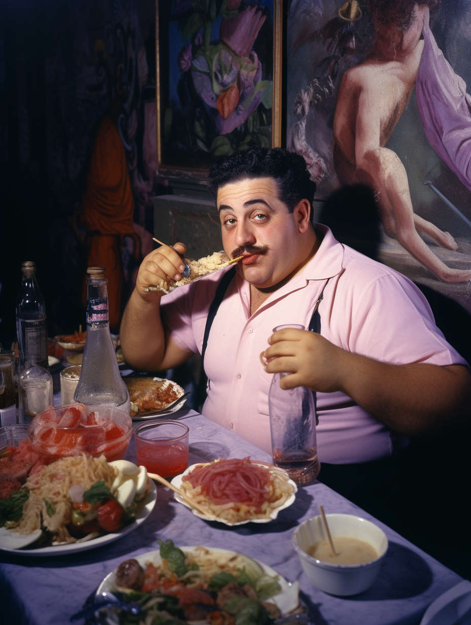 Fat Greek Man enjoying Greek delicacies