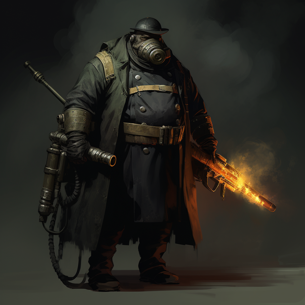 Fat man in army suit with rocket launcher and gas mask