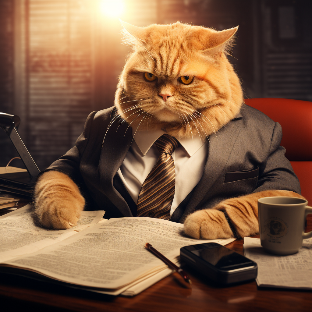 Adorable fat orange tabby cat in lawyer attire