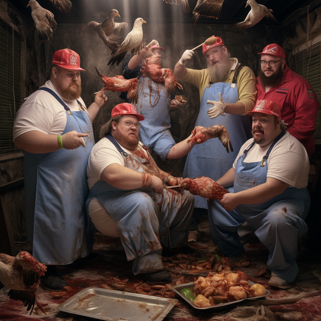 Fat rednecks enjoying greasy chicken feast