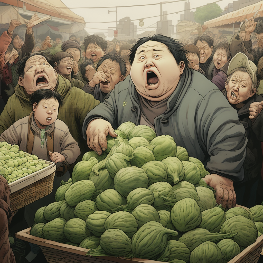 Fat Vegetable Seller Releasing Green Gas at Crowded Market