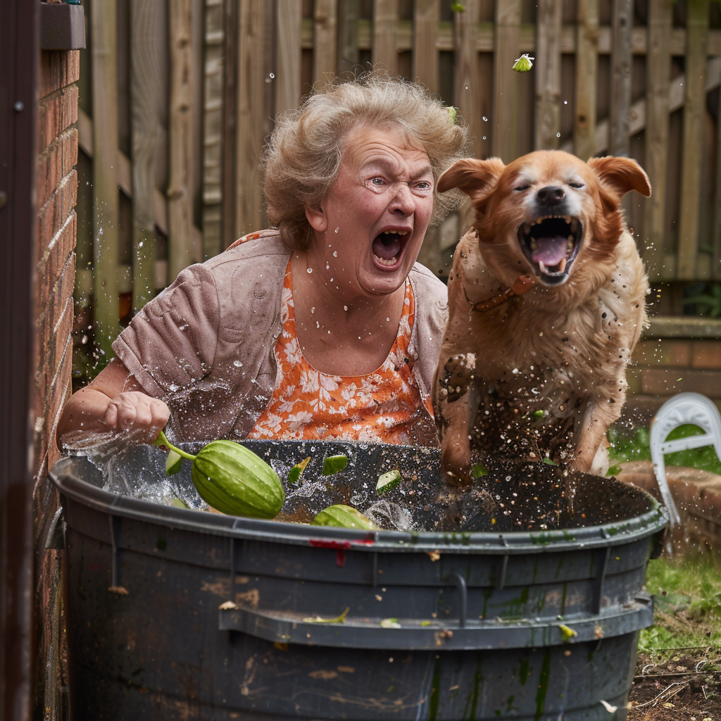 Fat lady laughing throwing cucumber dog surprised