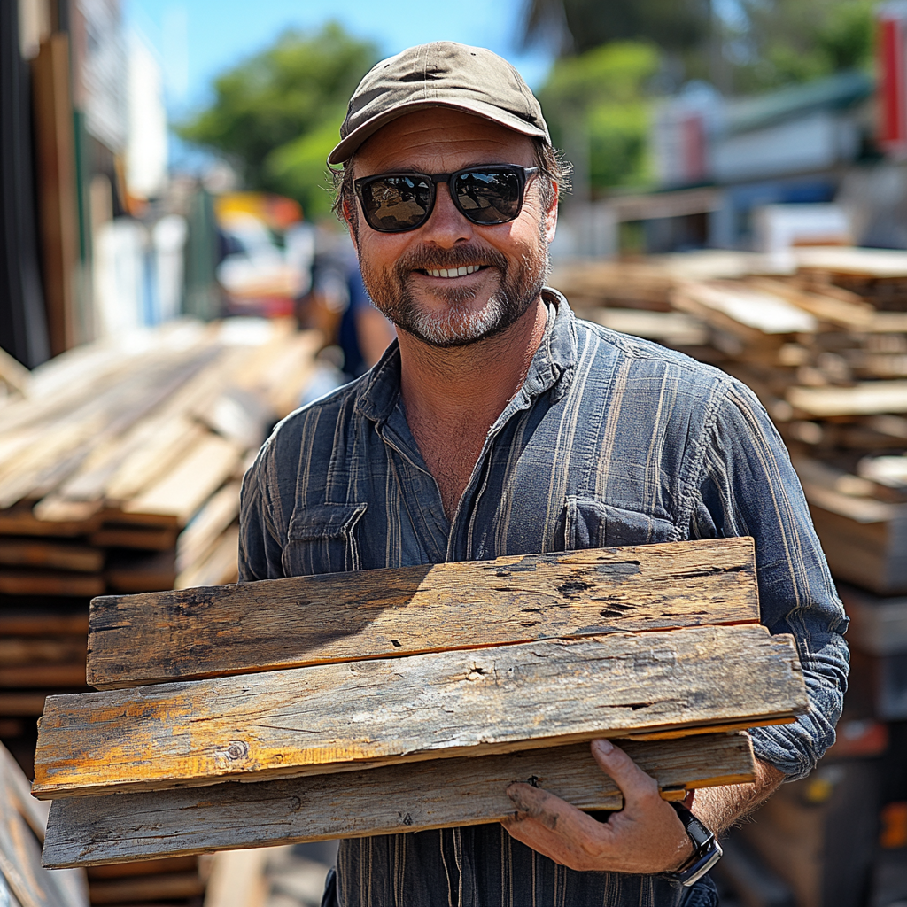 Redheaded man carrying wooden planks