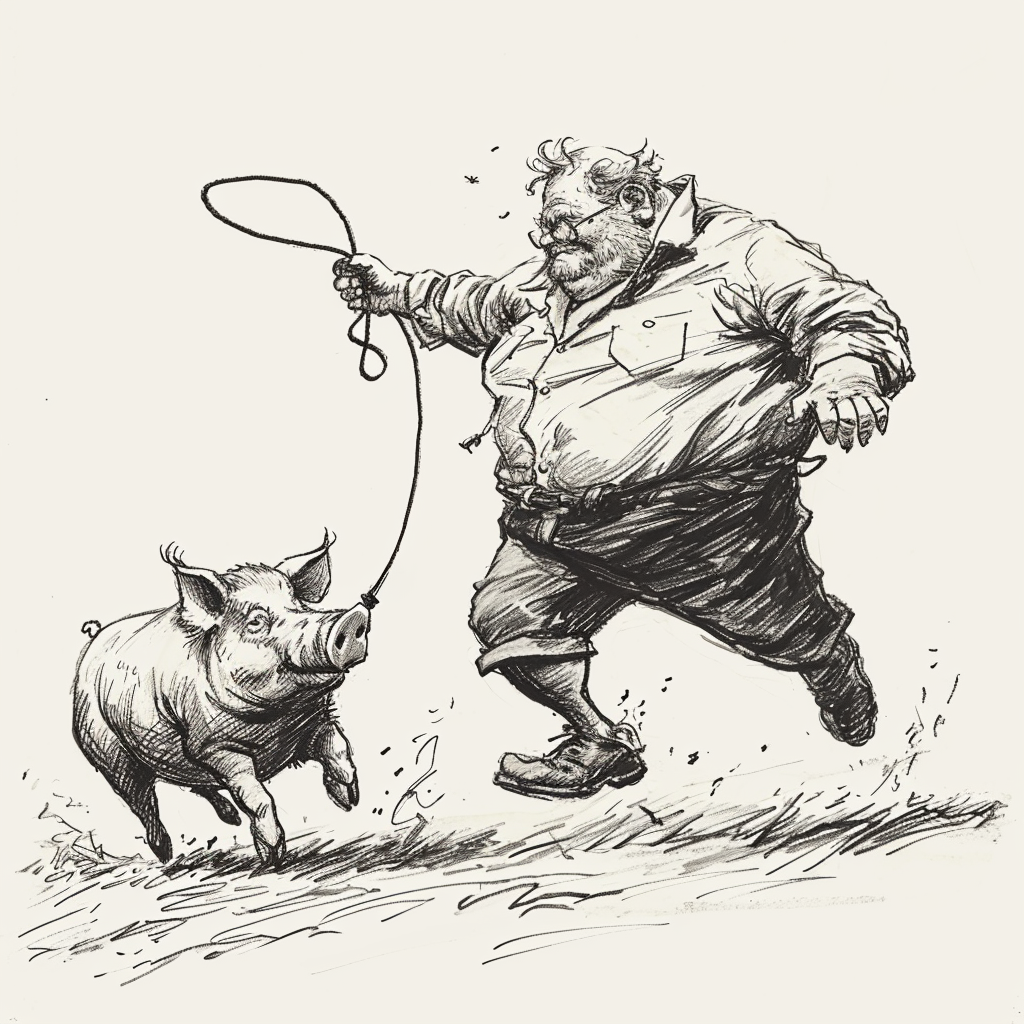 Fat Old Man Running to Catch Pig