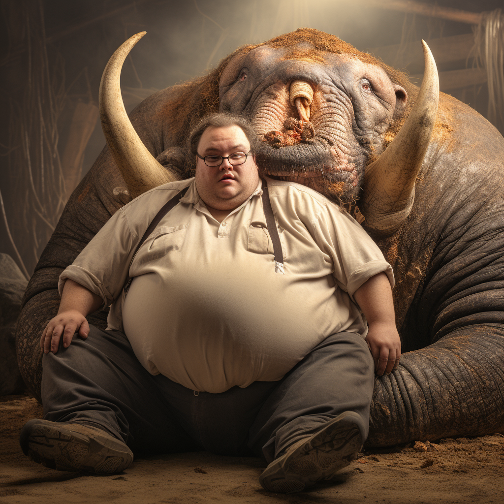 Miserable fat software engineer leaning on elephant bones