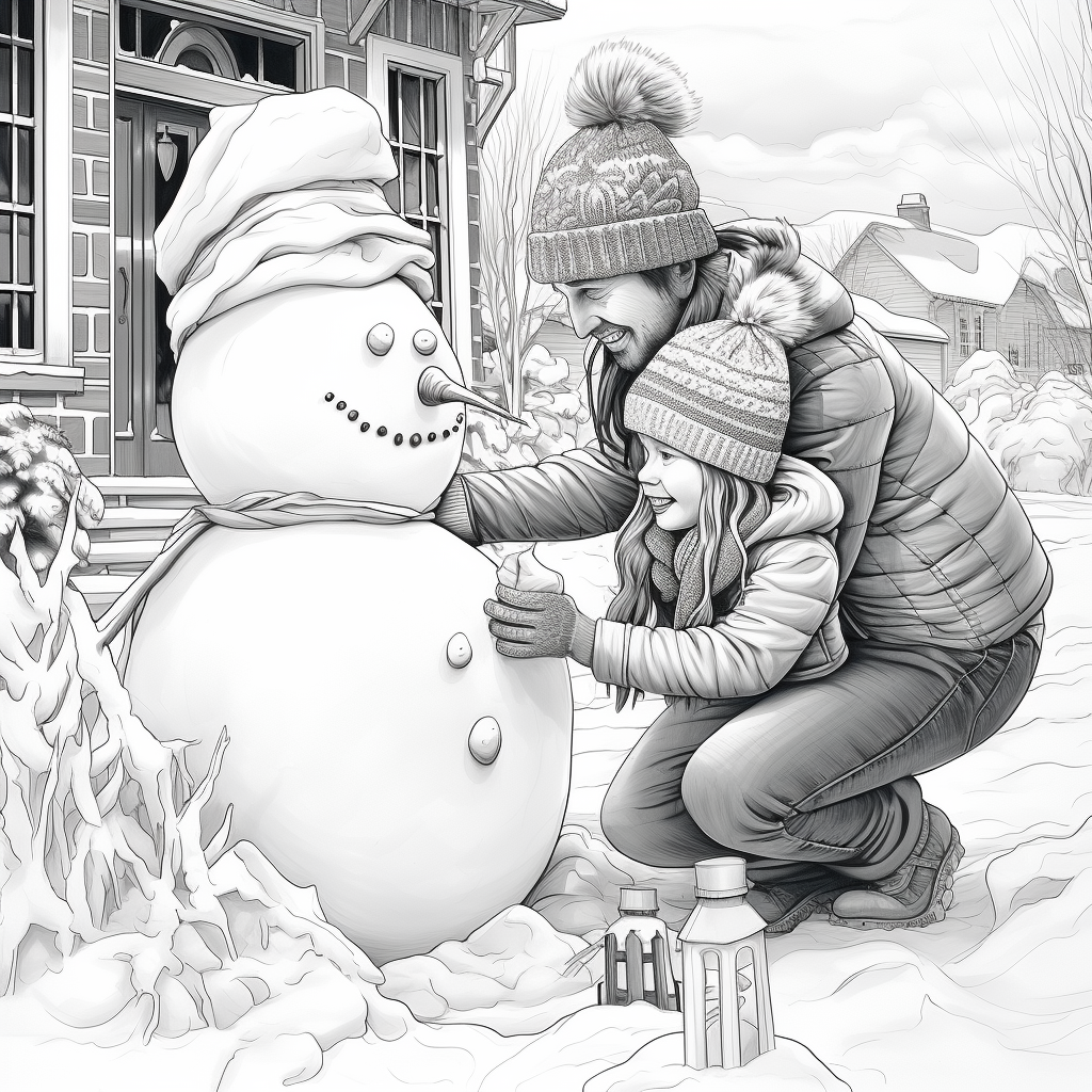 Father and daughter building snowman