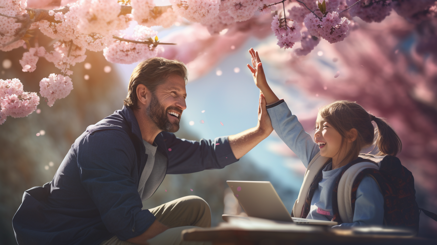 Father and daughter high five over completed homework