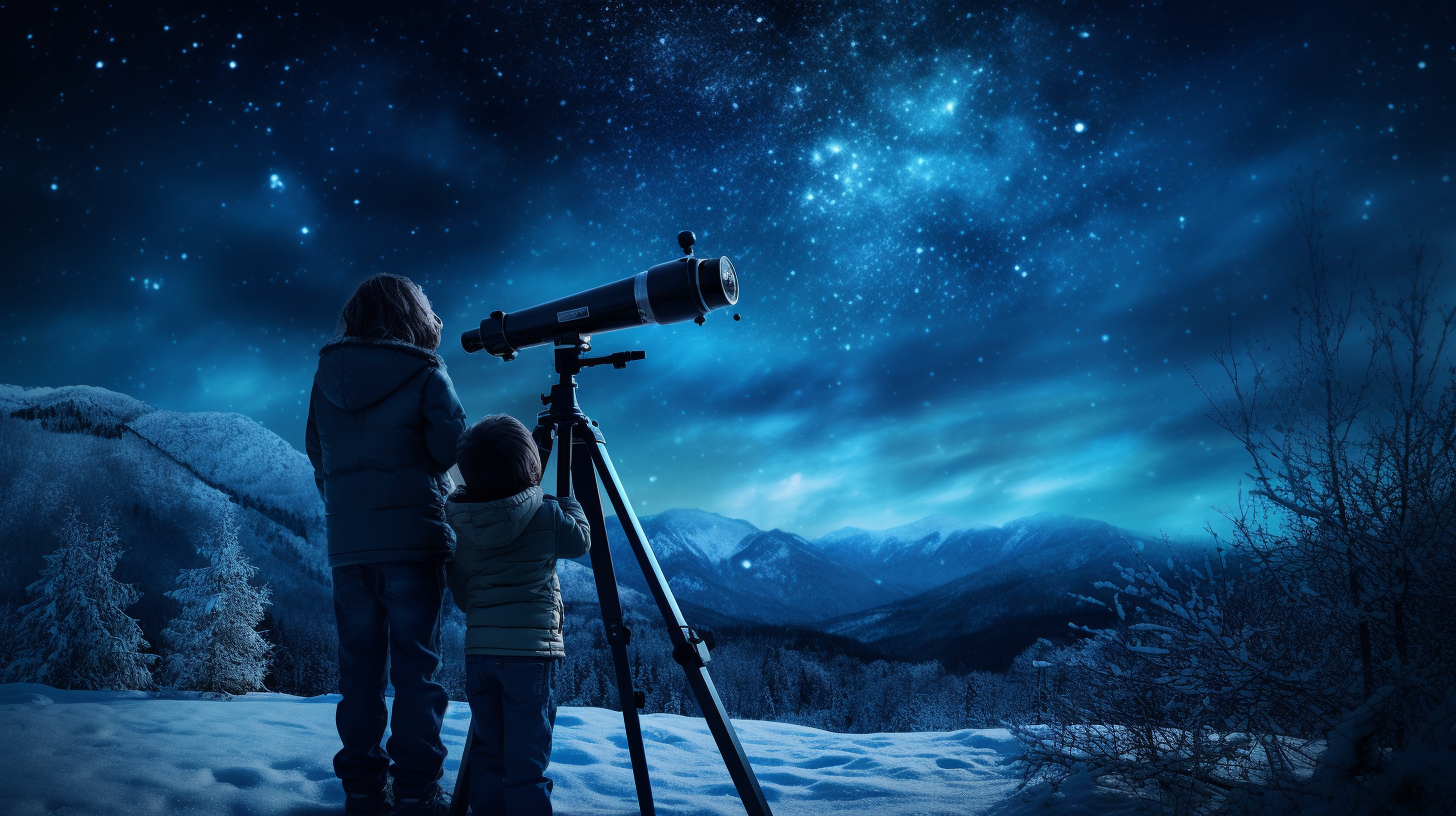 Father and daughter stargazing in winter night