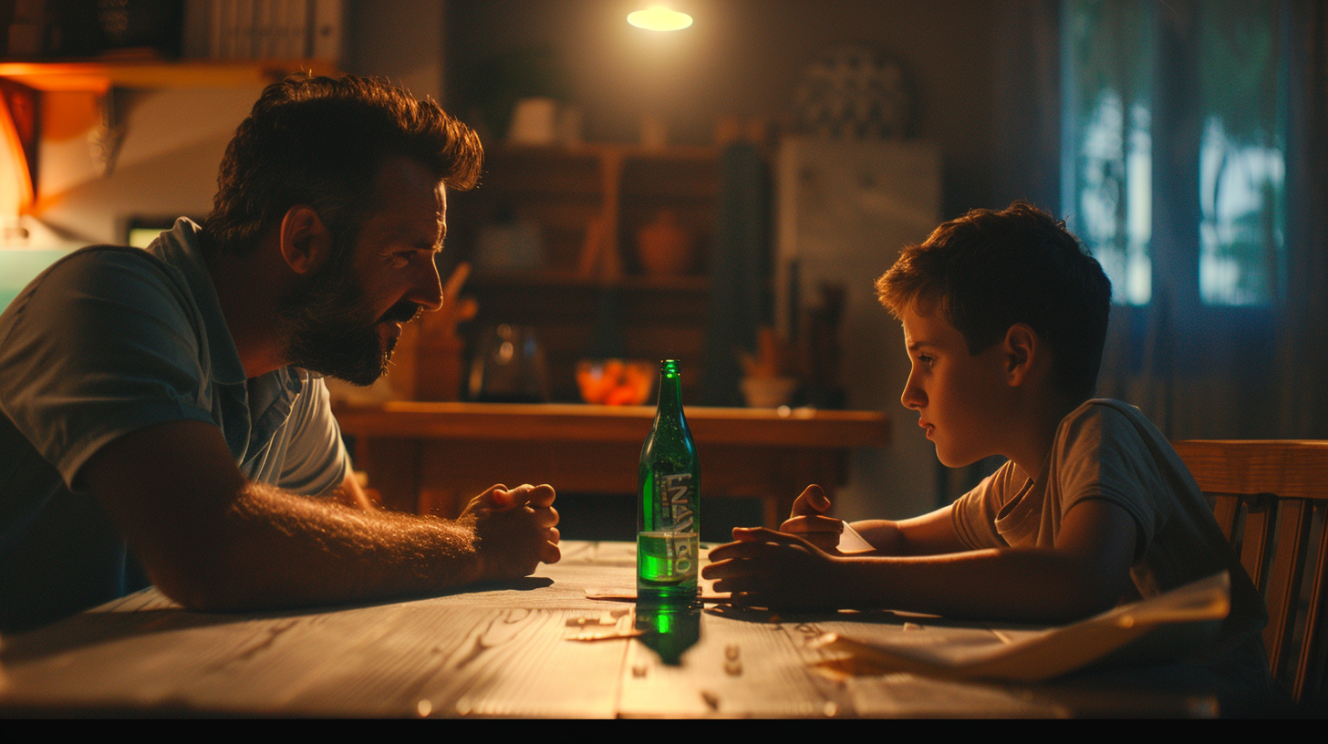 Father and Son Playing with Green Bottle