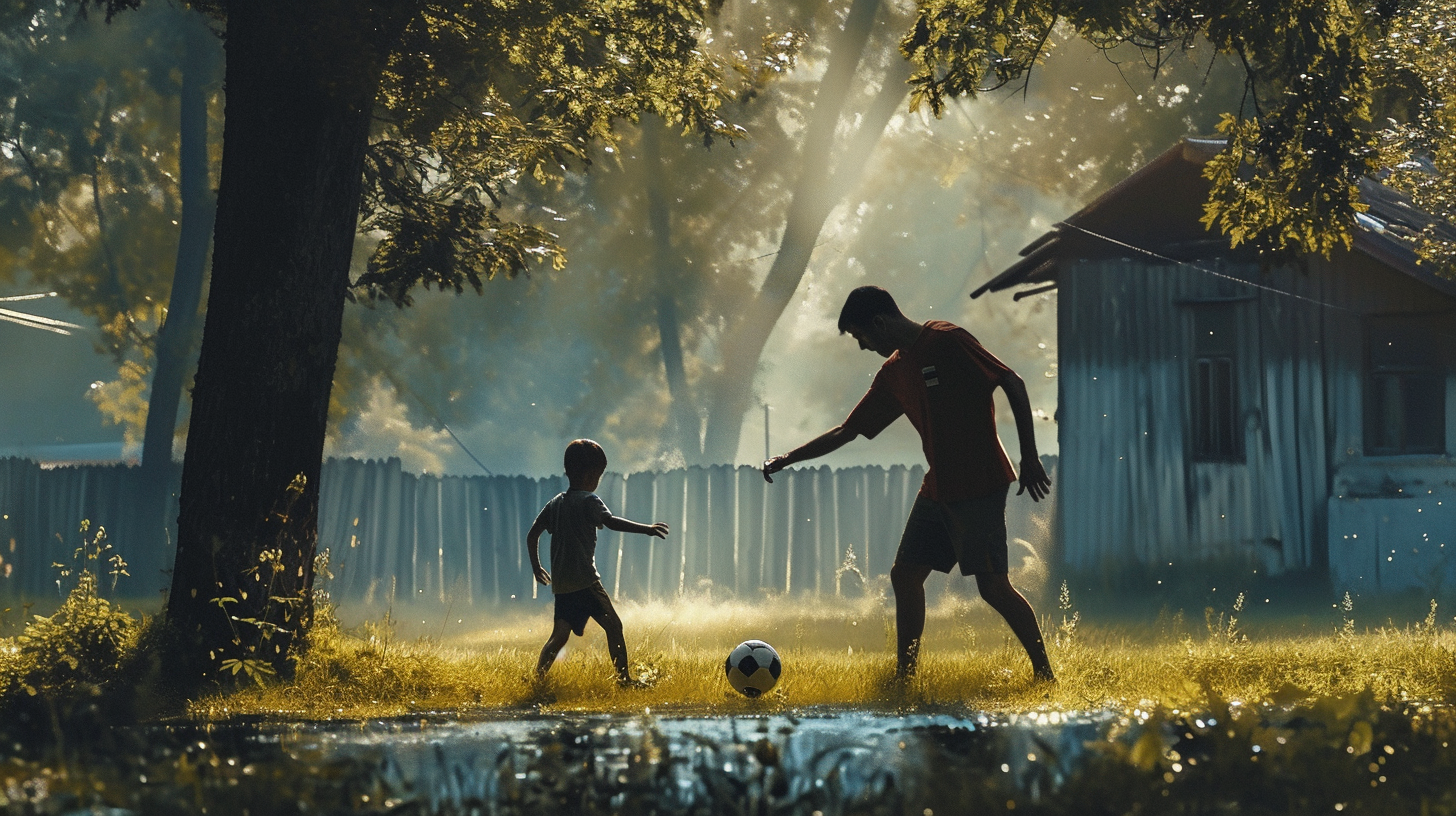 Father teaching son football in surreal atmosphere