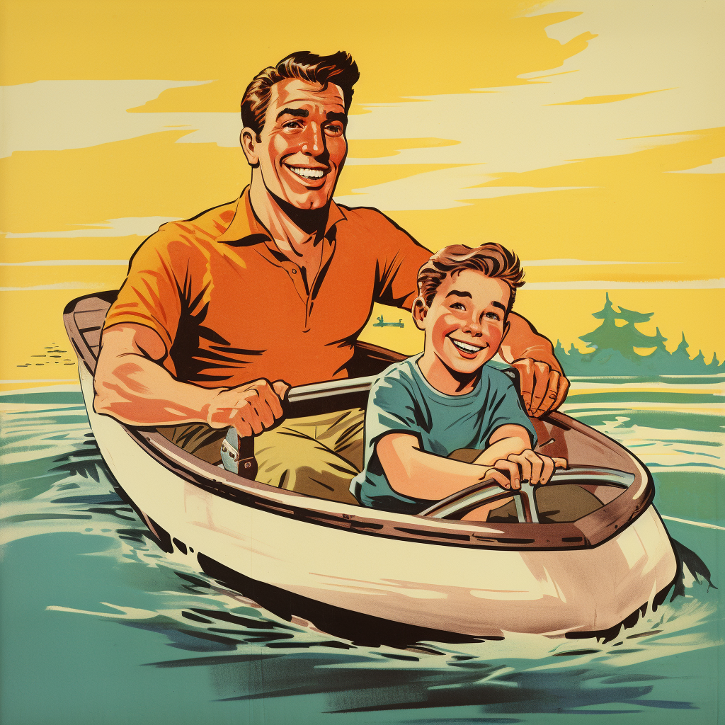 Cartoonish vintage comicbook illustration of father and son in an inflatable boat