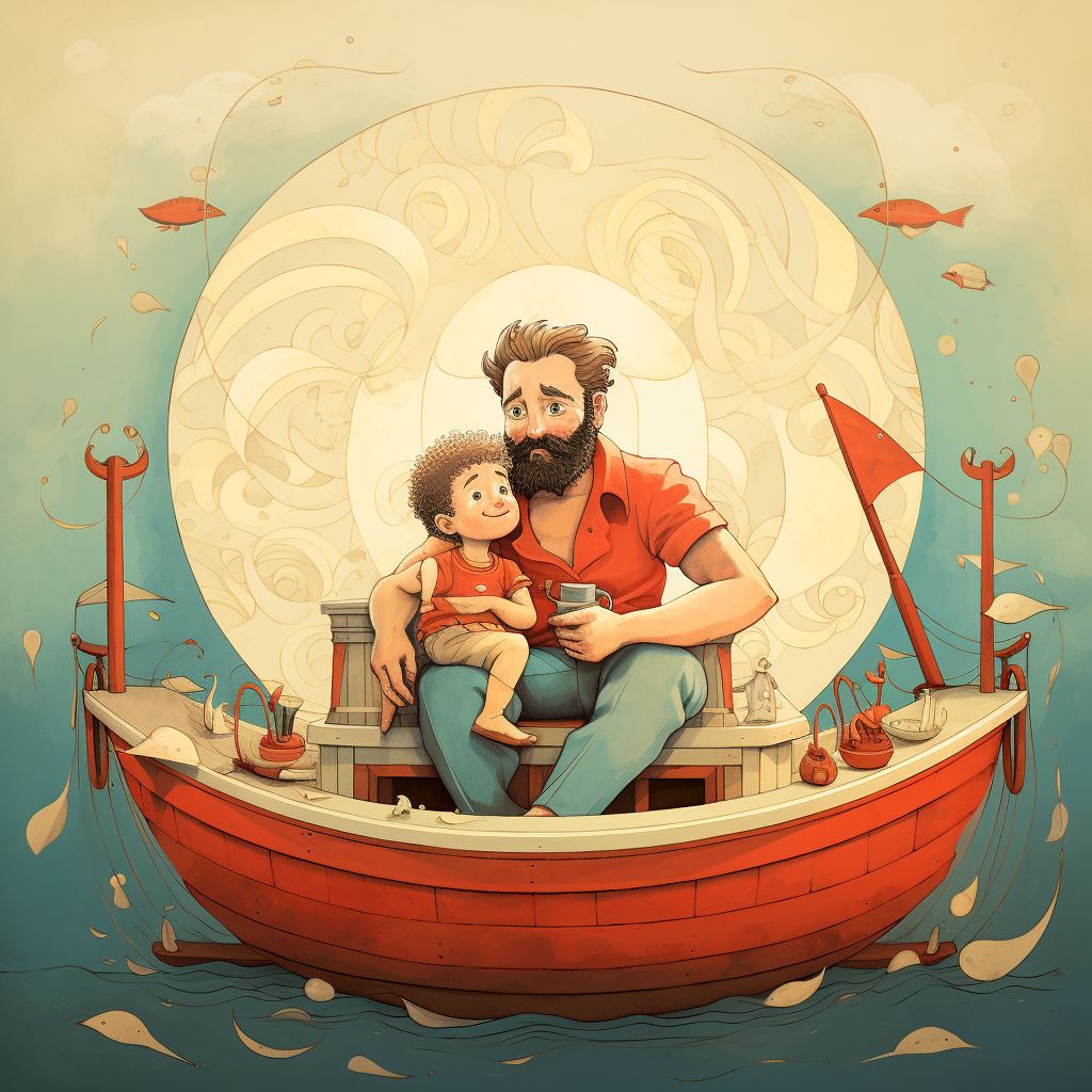 Cartoonish vintage image of father and son in inflatable boat