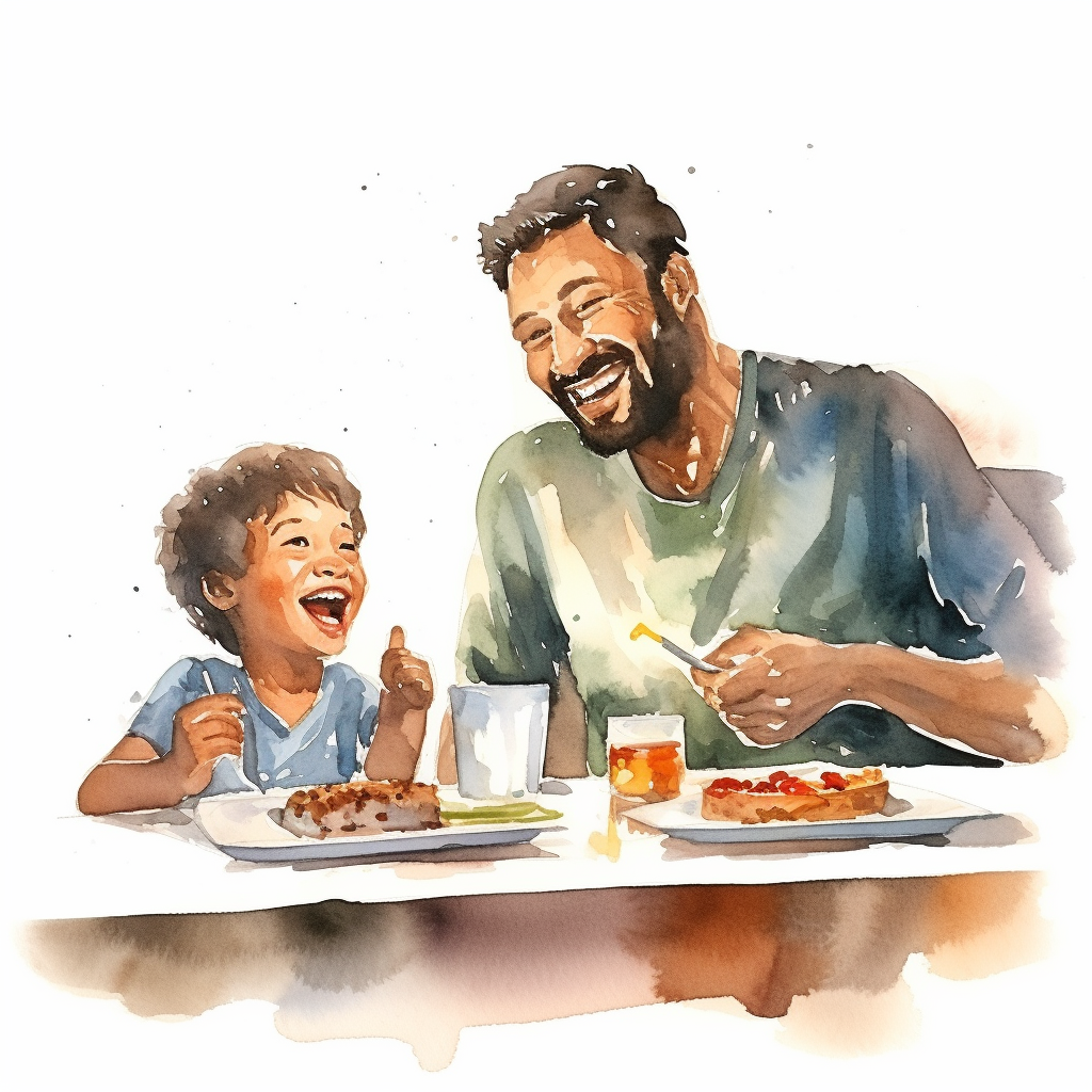 Cartoon illustration of diverse father and son eating breakfast