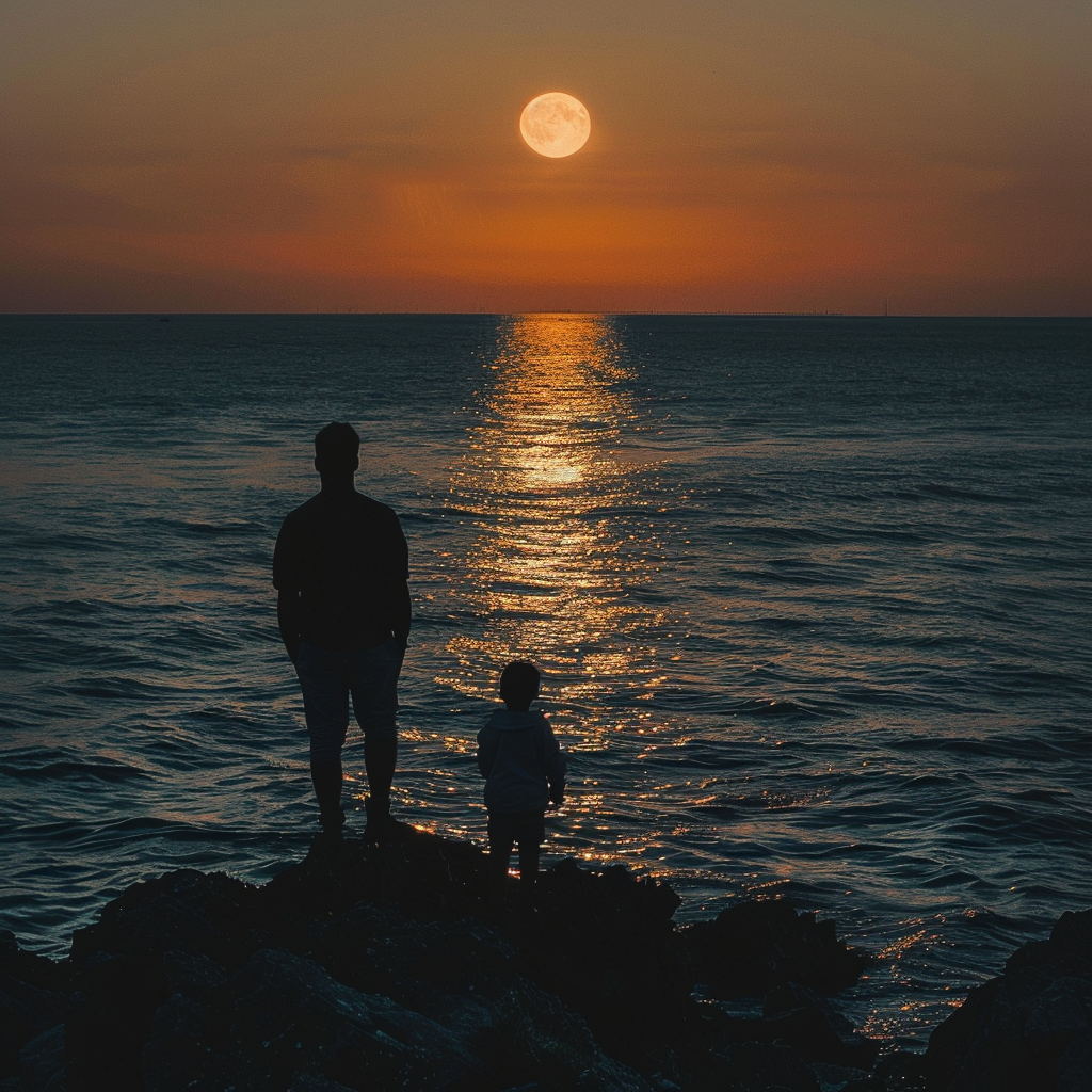 Father and Son Silhouettes by Sea