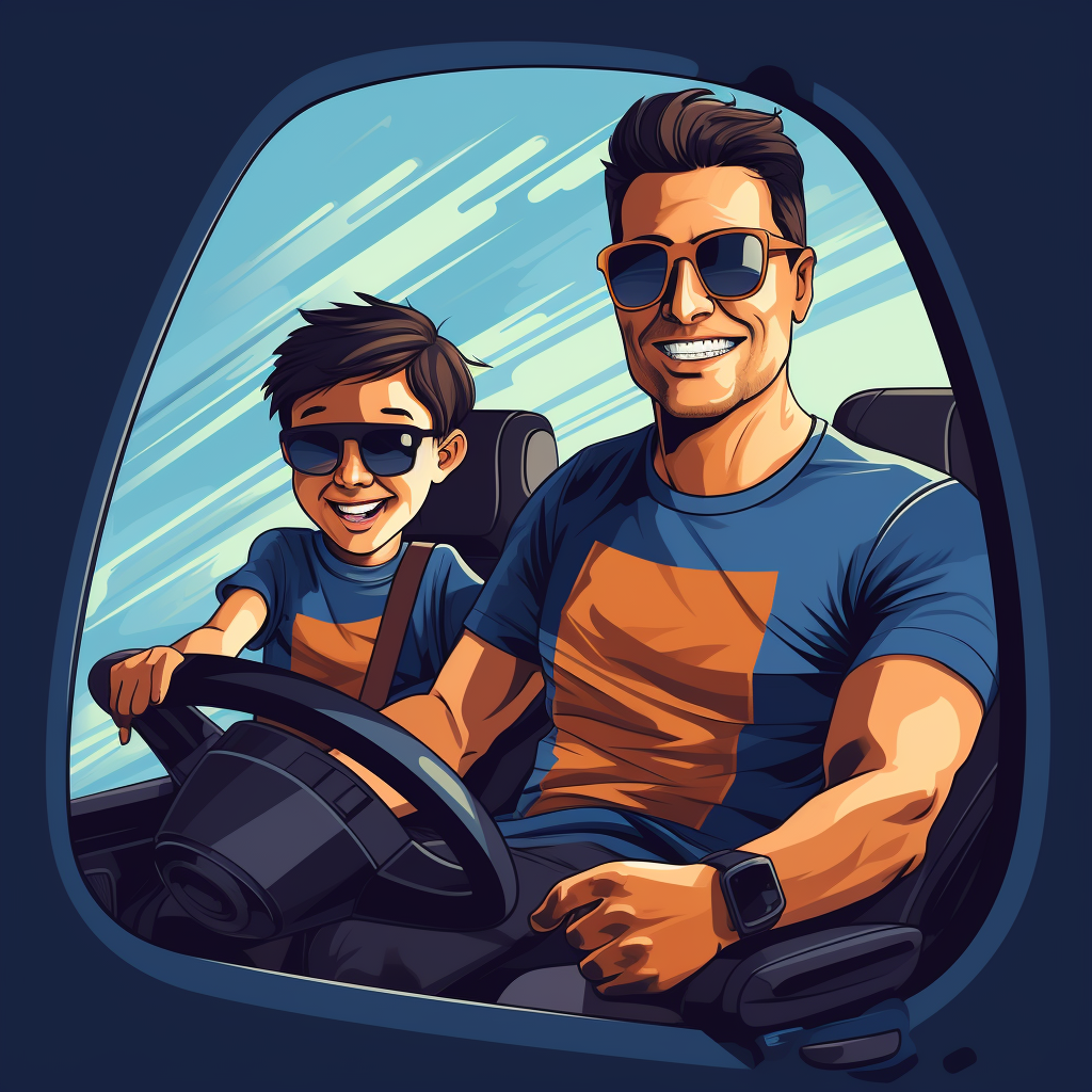 Father and son in car cartoon image