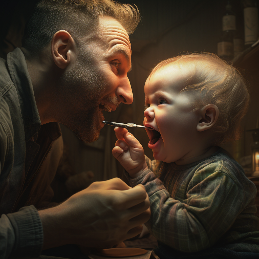 Father brushing baby's teeth gently