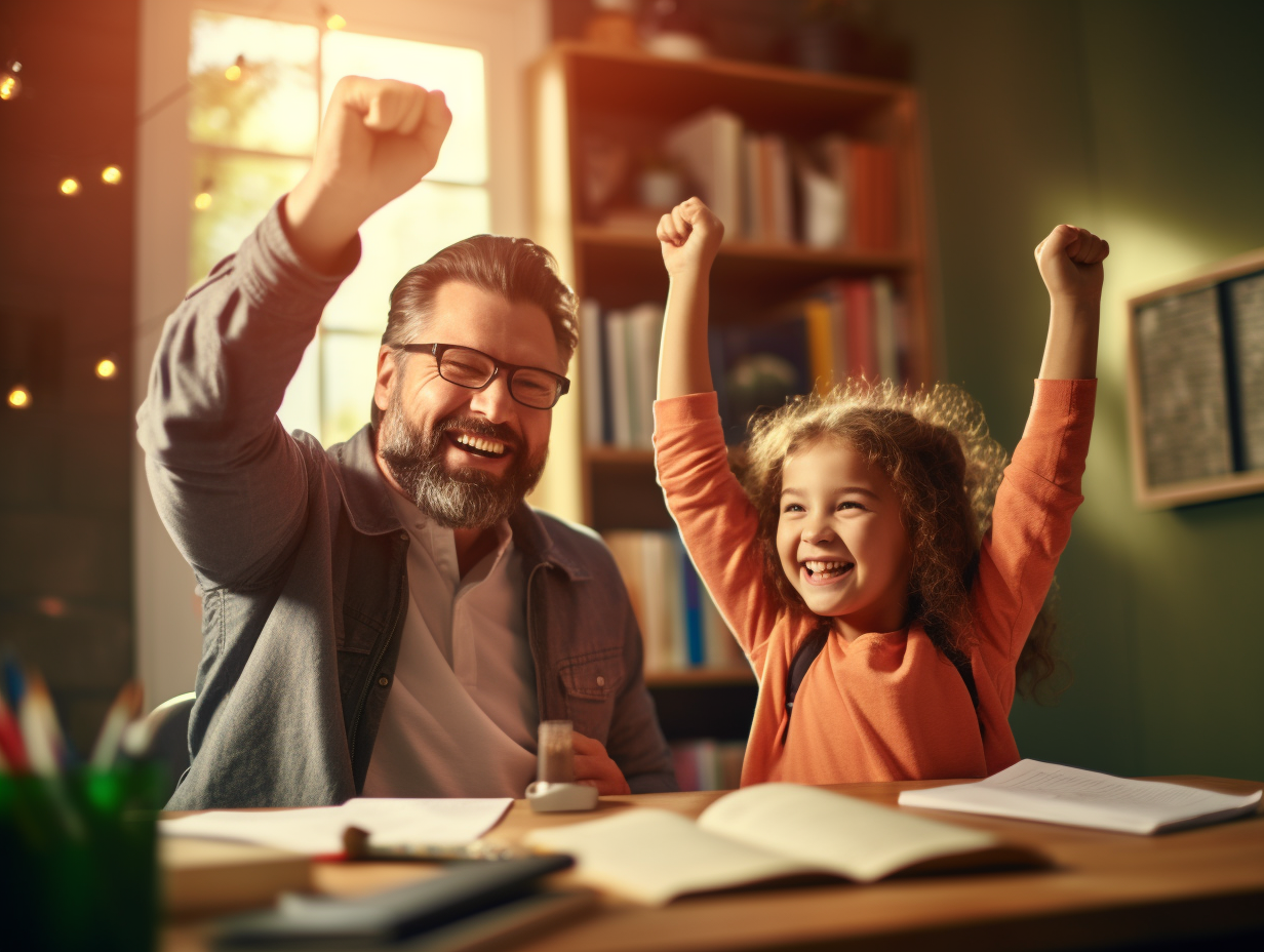 Father and Daughter Celebrate Homework Success