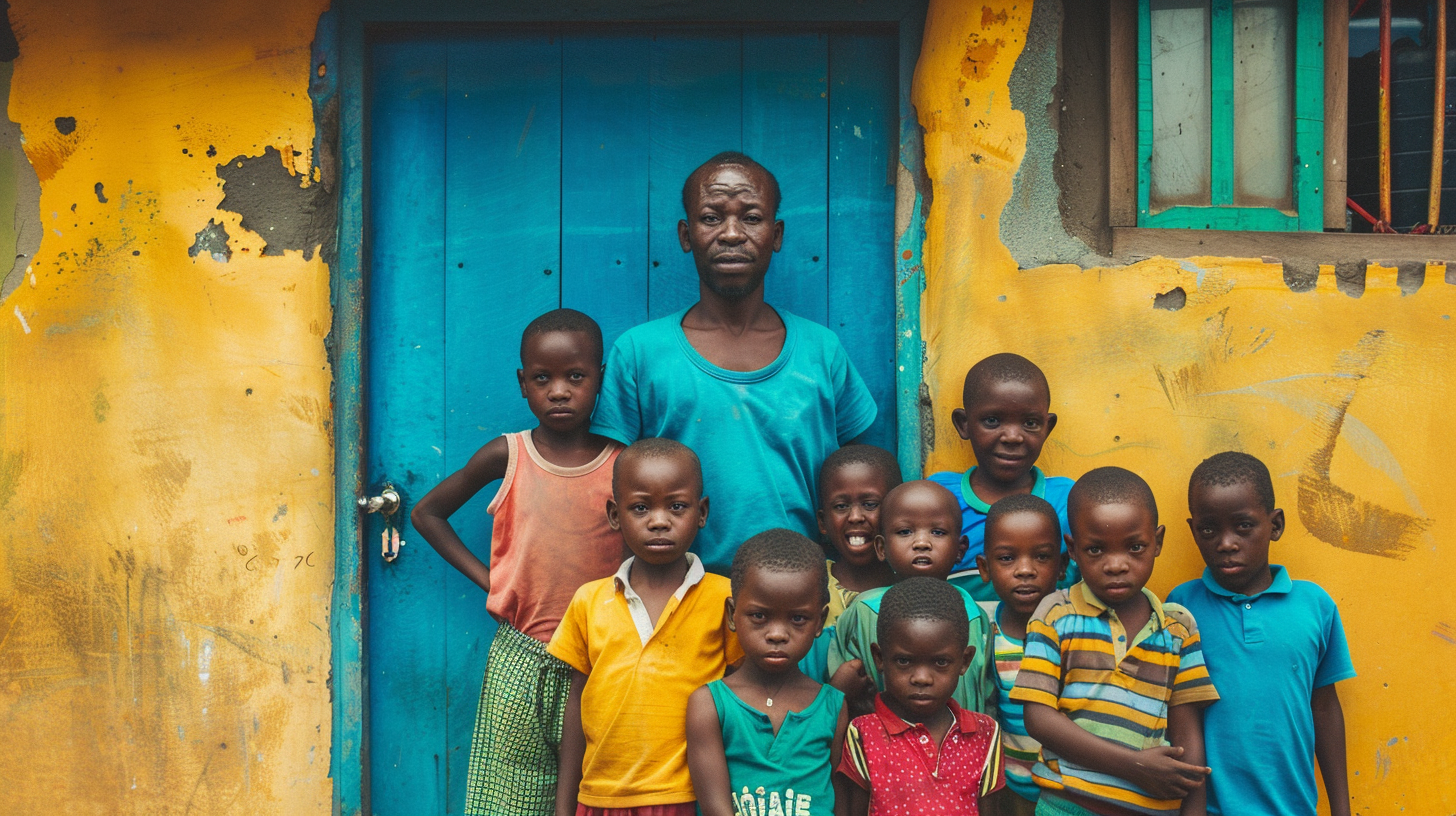 Father with many children in colorful setting