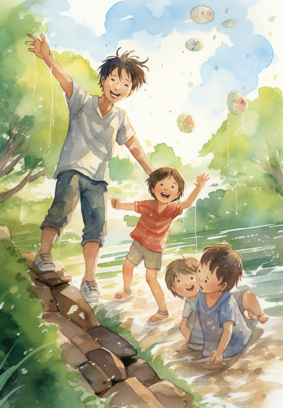 Father playing with kids in watercolor style