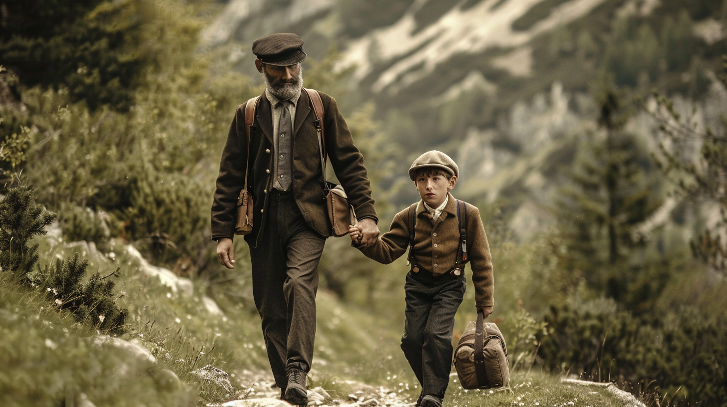 Vintage father and son hiking