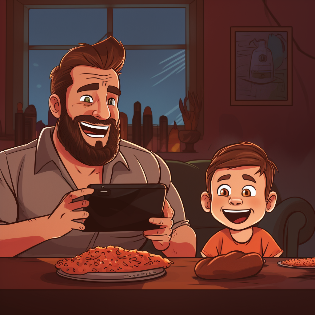 Cartoon father watching movie on phone at dinner