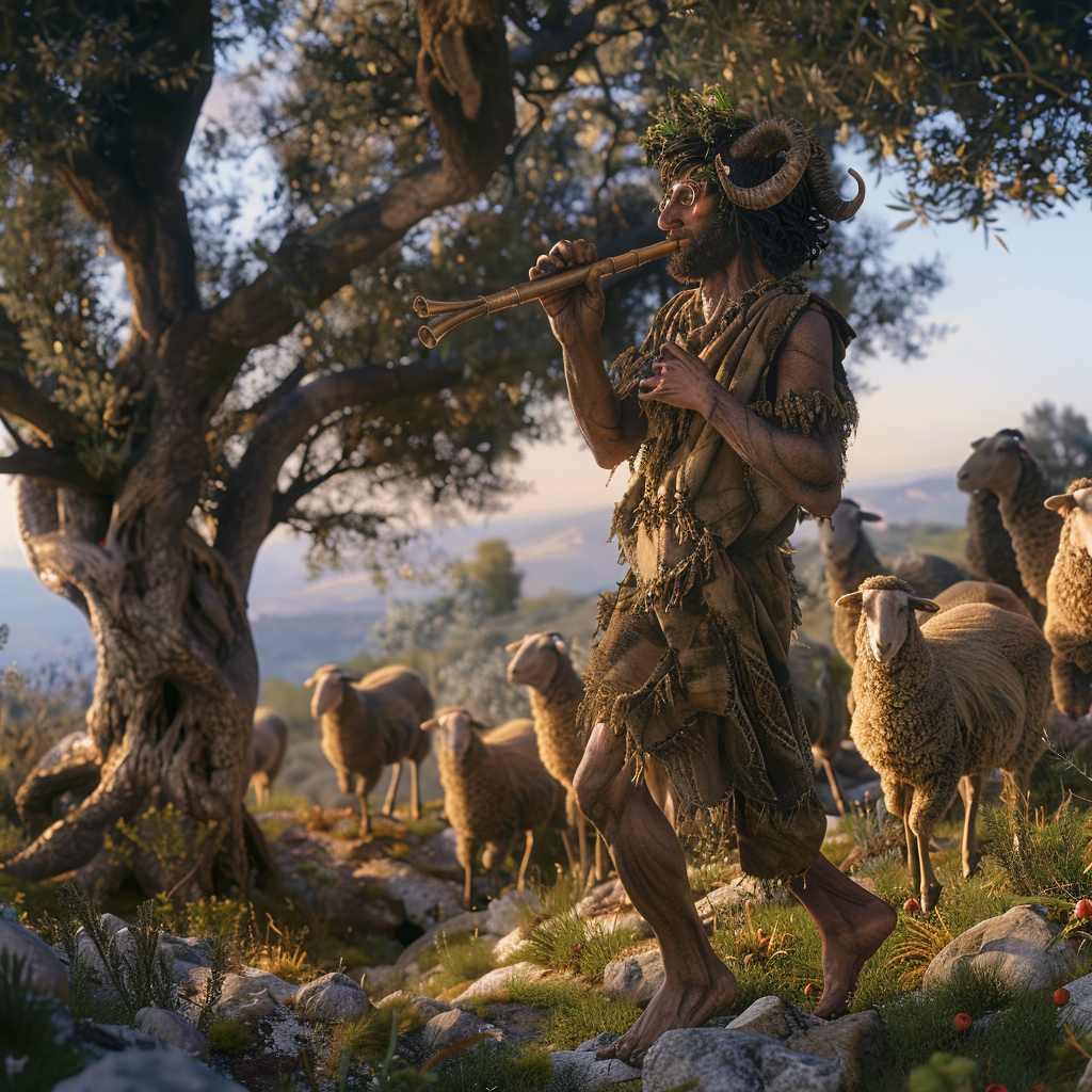 Faun playing flute with sheep