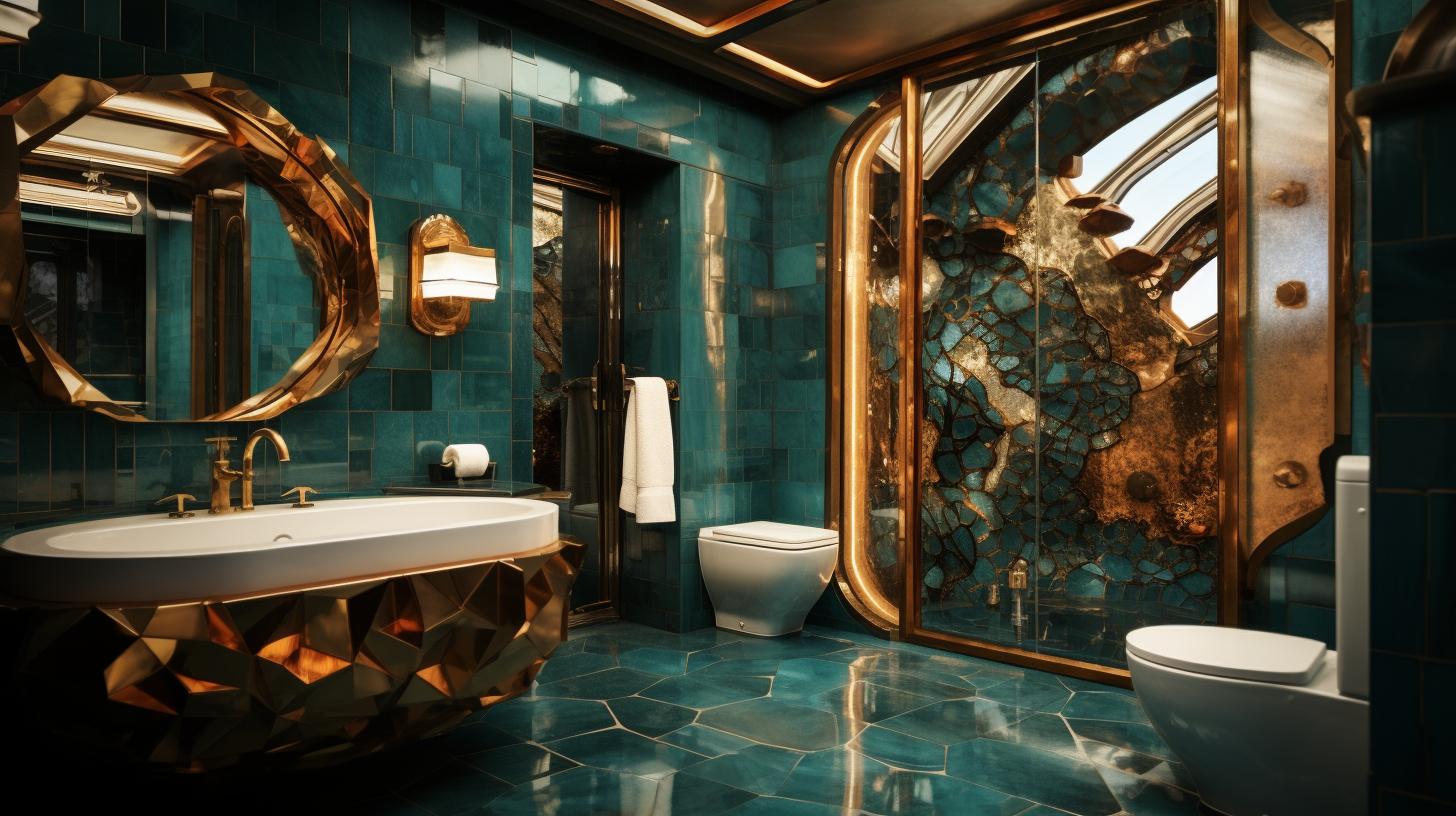 Beautifully designed bathroom suite with faux tortoise shell tiles